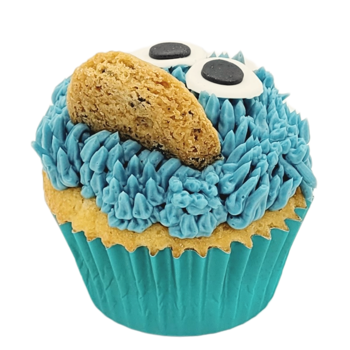 Vanillecupcake met chocoladestukjes en blauwe botercrème, versierd als het koekjesmonster.