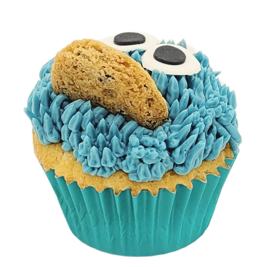 Vanillecupcake met chocoladestukjes en blauwe botercrème, versierd als het koekjesmonster.