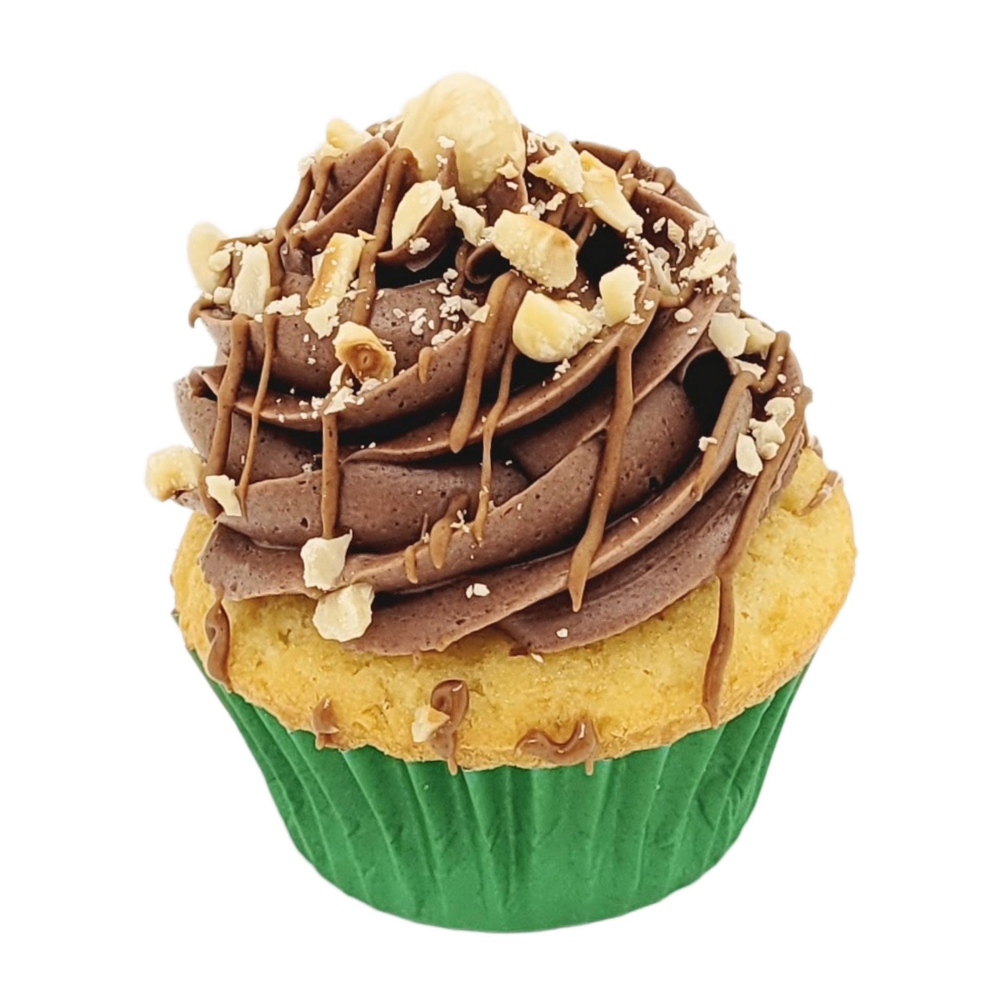 Vanillecupcake met hazelnootstukjes, gevuld met praliné en afgewerkt met chocoladetopping.