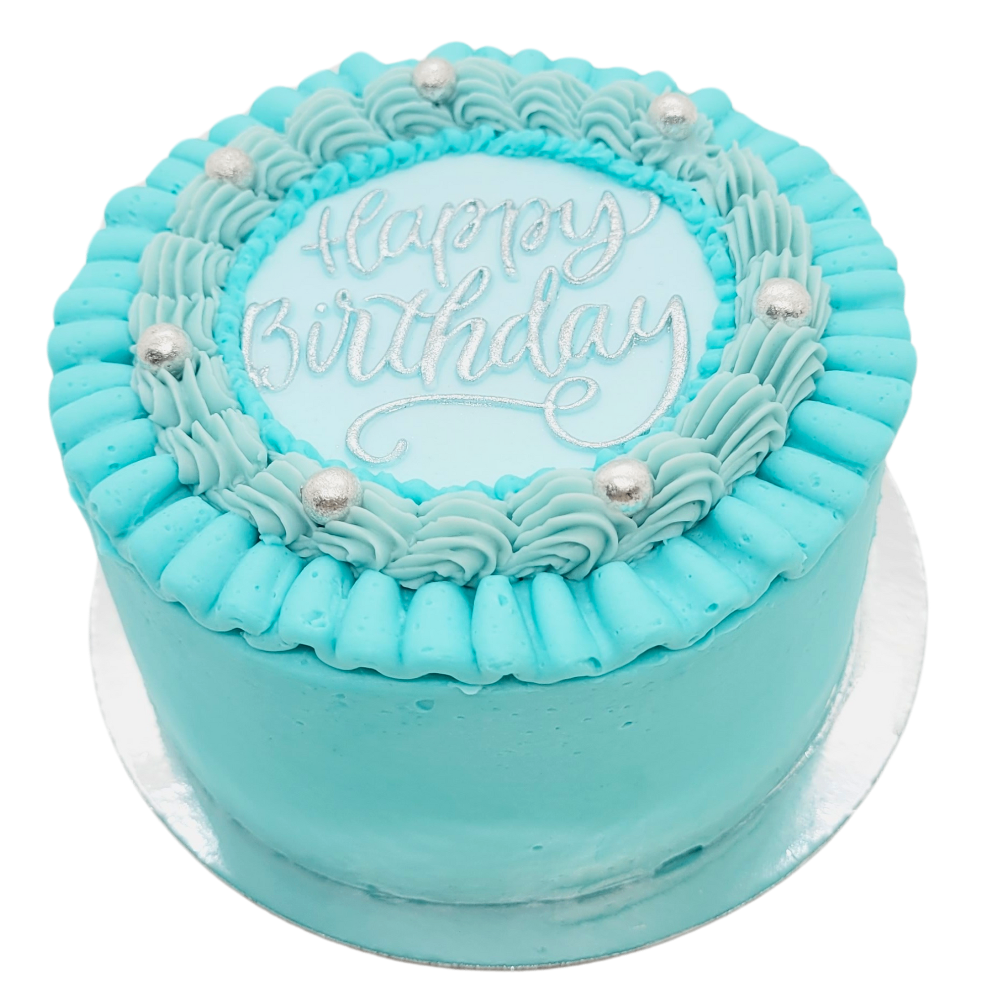 Mini cake in pastelblauw met zilveren “Happy Birthday” tekst en zilveren parels