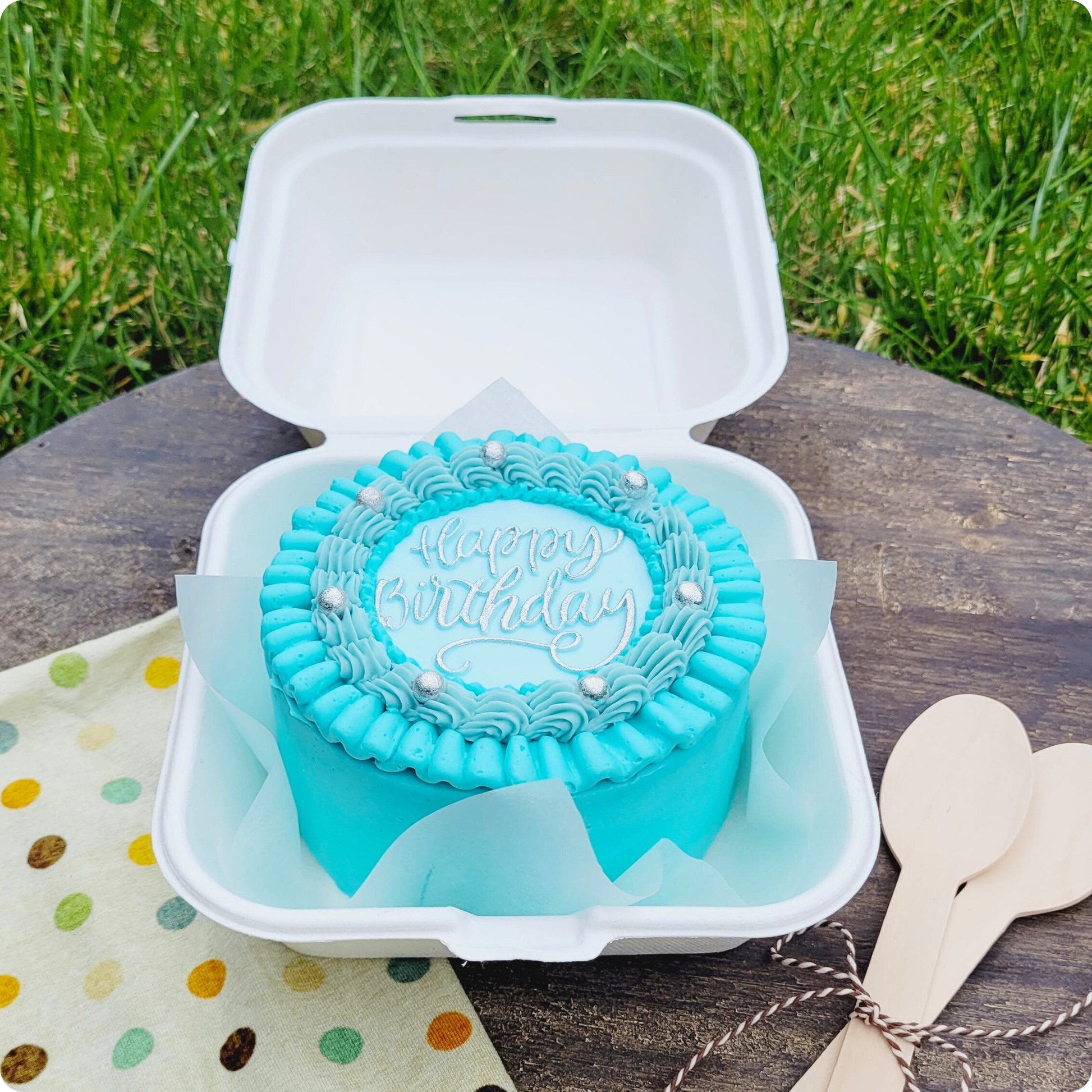 Verjaardagstaartje in pastelblauw met zilveren versiering op plank in het gras