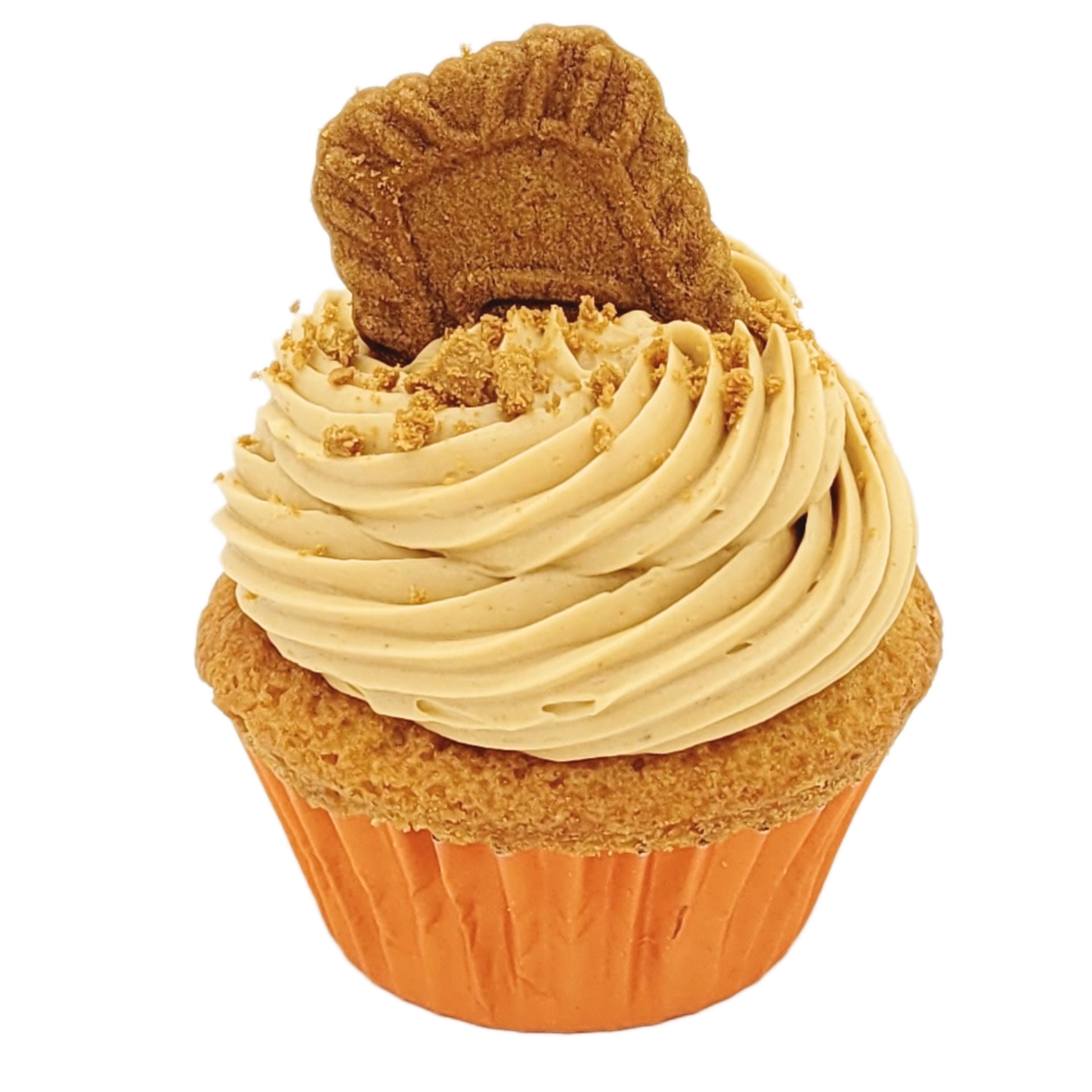 Vanillecupcake gevuld met crunchy Lotus Biscoff pasta en Lotus botercrème topping, afgewerkt met een Lotus-koekje