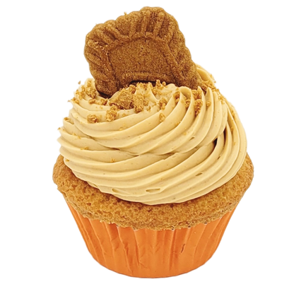 Vanillecupcake gevuld met crunchy Lotus Biscoff pasta en Lotus botercrème topping, afgewerkt met een Lotus-koekje