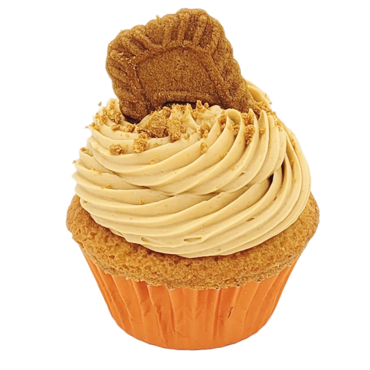 Vanillecupcake gevuld met crunchy Lotus Biscoff pasta en Lotus botercrème topping, afgewerkt met een Lotus-koekje