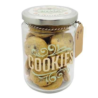 Ambachtelijke Mini Chocolate Chips Cookies in een stijlvolle glazen jar. Bestel in Dendermonde of laat verzenden!