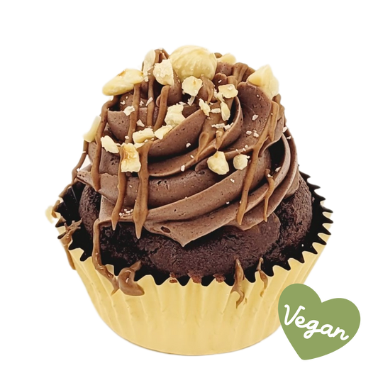 Ambachtelijke Vegan Choco & Nuts Cupcake met chocolade, praline en hazelnoten. Bestel in Dendermonde