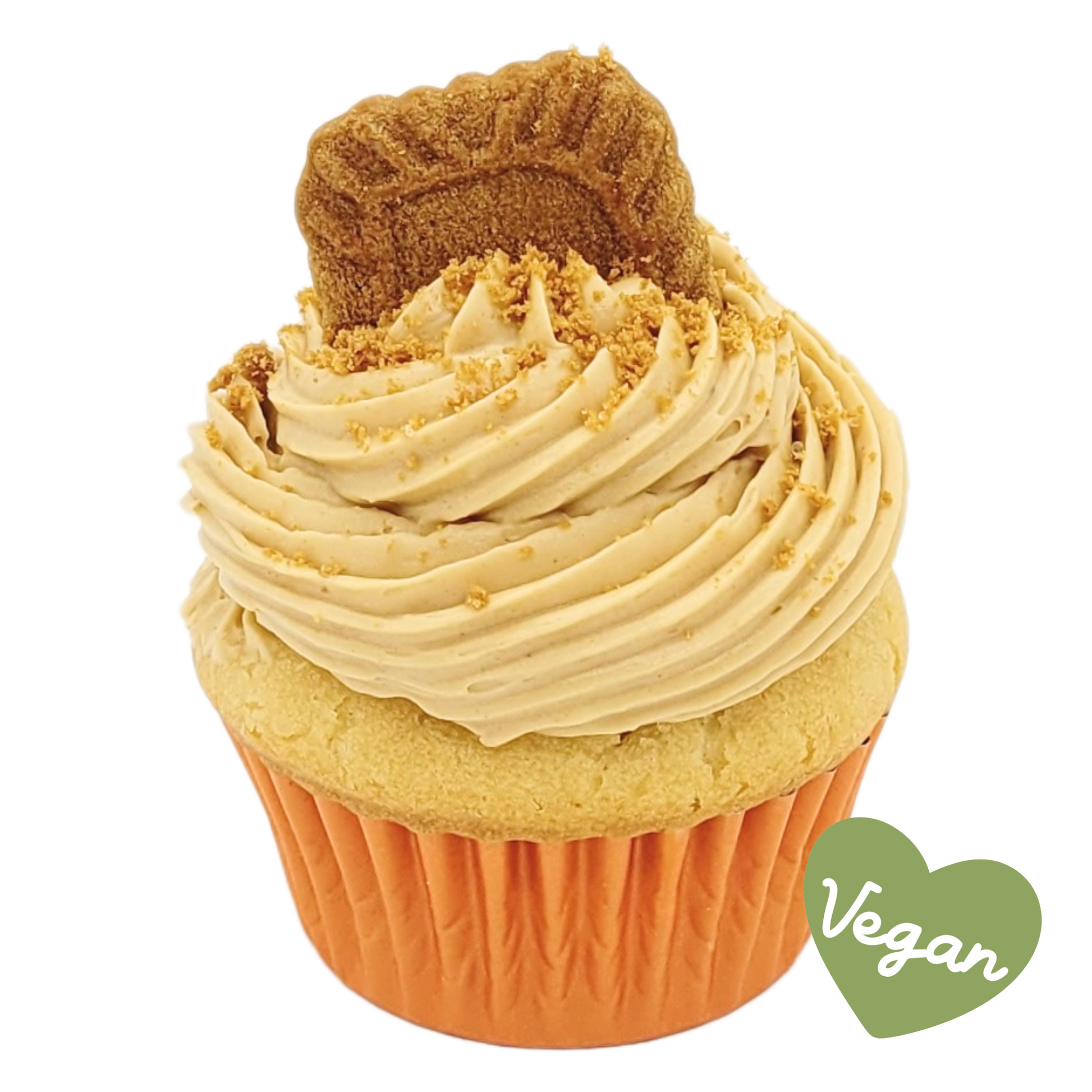 Vegan vanillecupcake gevuld met Lotus speculooscrème, botercrème topping en een Lotus koekje.